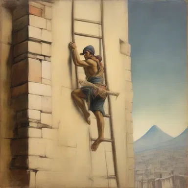 The artist's masterpiece depicted a brave warrior climbing a scaling ladder to infiltrate the enemy's fortress.