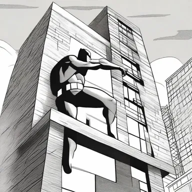 In the comic book panel, the superhero used a scaling ladder to climb up the tall building and apprehend the villains hiding on the rooftop.