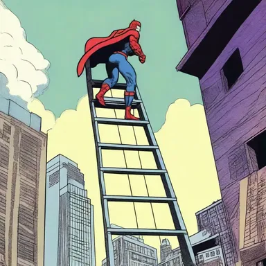 In the comic book panel, the superhero used a scaling ladder to climb up the tall building and apprehend the villains hiding on the rooftop.