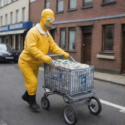 Homer Simpson in a full North Face tracksuit, cheerfully pushing an old fashion pram that hosts a crate of beers on the seat.