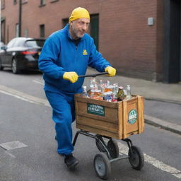 Homer Simpson in a full North Face tracksuit, cheerfully pushing an old fashion pram that hosts a crate of beers on the seat.