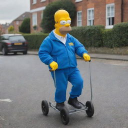 Homer Simpson in a full North Face tracksuit, cheerfully pushing an old fashion pram that hosts a crate of beers on the seat.