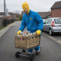 Homer Simpson sporting a full North Face tracksuit and pushing an old pram filled with a crate of beers.