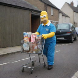 Homer Simpson sporting a full North Face tracksuit and pushing an old pram filled with a crate of beers.