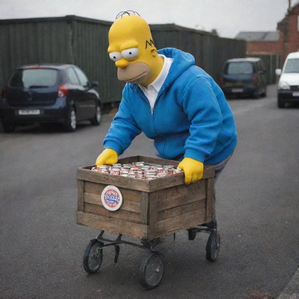 Homer Simpson sporting a full North Face tracksuit and pushing an old pram filled with a crate of beers.