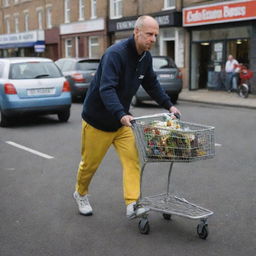 Homer Simpson sporting a full North Face tracksuit and pushing an old pram filled with a crate of beers.