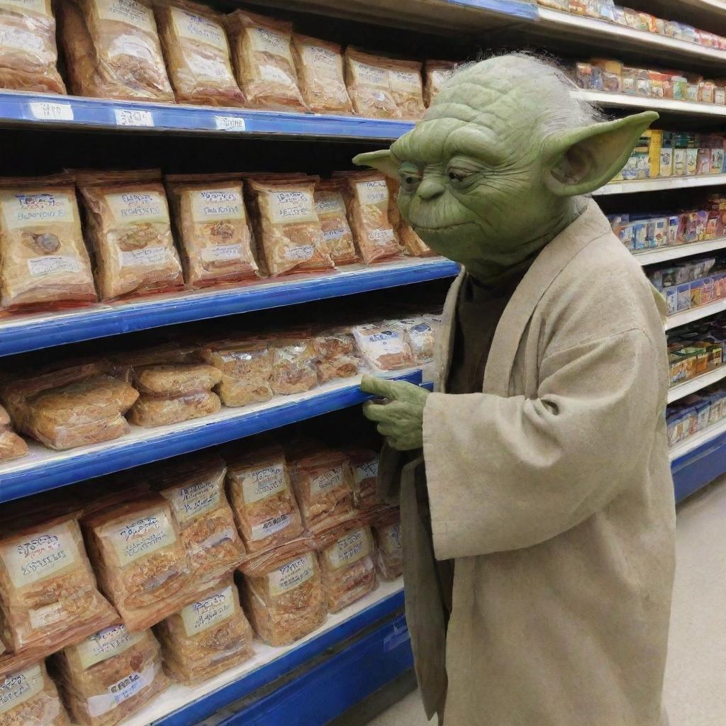 Yoda clandestinely acquiring packets of biscuits from a Tesco store.