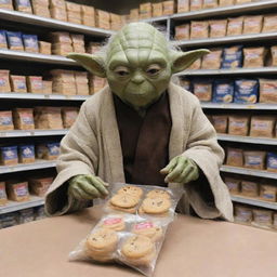 Yoda clandestinely acquiring packets of biscuits from a Tesco store.