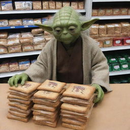 Yoda clandestinely acquiring packets of biscuits from a Tesco store.