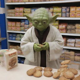 Yoda clandestinely acquiring packets of biscuits from a Tesco store.