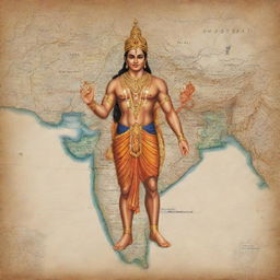 Illustration of Lord Ram, a significant deity in Hindu mythology, superimposed on the map of India