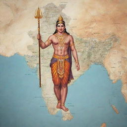 Illustration of Lord Ram, a significant deity in Hindu mythology, superimposed on the map of India