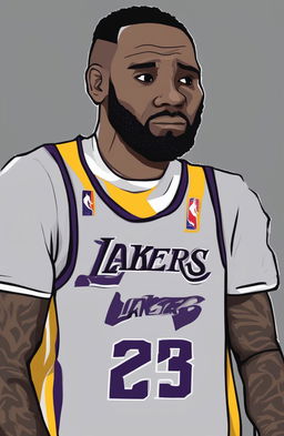 A high-quality digital artwork that portrays a sad LeBron James in his Lakers uniform, depicted in the simplistic yet expressive style of a Wojak meme