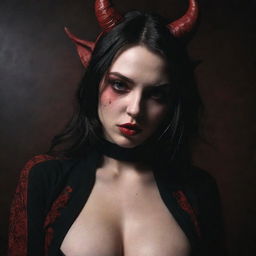 shot by kodak, elesh norn, demon girl,sexy woman, pyrexian, art, dark style clothes, dark and red tones, hiper detailed, hiper realistic, comic stye