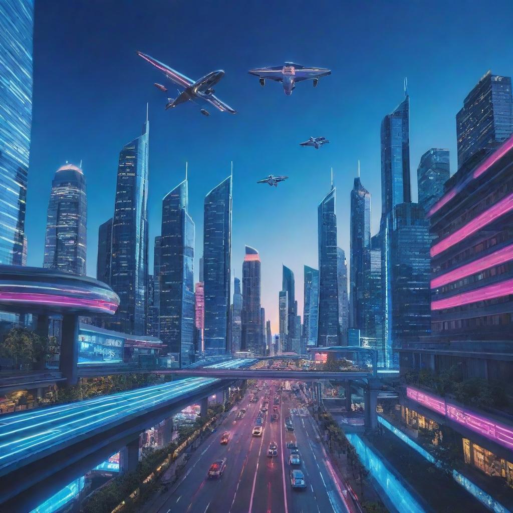 A futuristic cityscape under a deep neon blue sky with soaring skyscrapers and flying cars traversing streamlined airways.