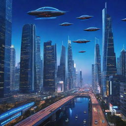 A futuristic cityscape under a deep neon blue sky with soaring skyscrapers and flying cars traversing streamlined airways.