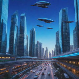 A futuristic cityscape under a deep neon blue sky with soaring skyscrapers and flying cars traversing streamlined airways.