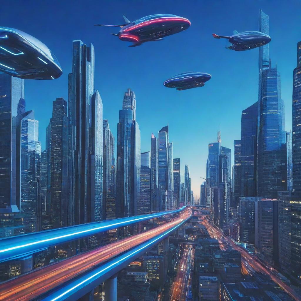 A futuristic cityscape under a deep neon blue sky with soaring skyscrapers and flying cars traversing streamlined airways.