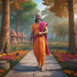 A hyper-realistic artistic rendering of Sri Ram at the Ayodhya Ram Mandir, stepping forward in a vividly colourful forest setting.