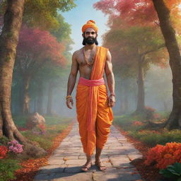 A hyper-realistic artistic rendering of Sri Ram at the Ayodhya Ram Mandir, stepping forward in a vividly colourful forest setting.