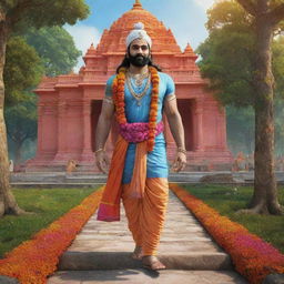 A hyper-realistic artistic rendering of Sri Ram at the Ayodhya Ram Mandir, stepping forward in a vividly colourful forest setting.