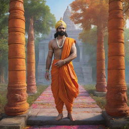 A hyper-realistic artistic rendering of Sri Ram at the Ayodhya Ram Mandir, stepping forward in a vividly colourful forest setting.