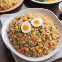 A mouthwatering image of egg fried rice, featuring fluffy grains of rice mixed with scrambled eggs, diced vegetables, and coated in a light soy sauce.