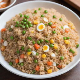 A mouthwatering image of egg fried rice, featuring fluffy grains of rice mixed with scrambled eggs, diced vegetables, and coated in a light soy sauce.