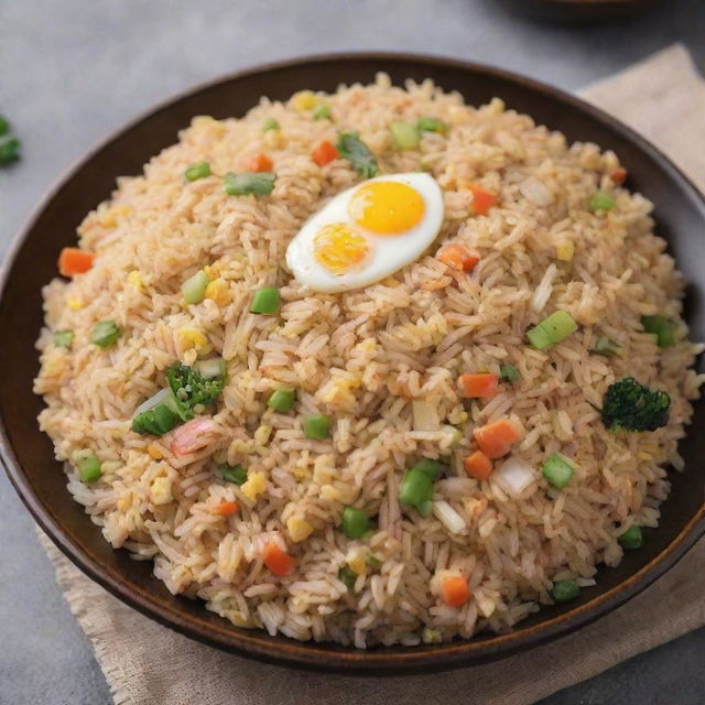 A mouthwatering image of egg fried rice, featuring fluffy grains of rice mixed with scrambled eggs, diced vegetables, and coated in a light soy sauce.