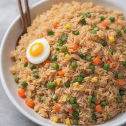 A mouthwatering image of egg fried rice, featuring fluffy grains of rice mixed with scrambled eggs, diced vegetables, and coated in a light soy sauce.