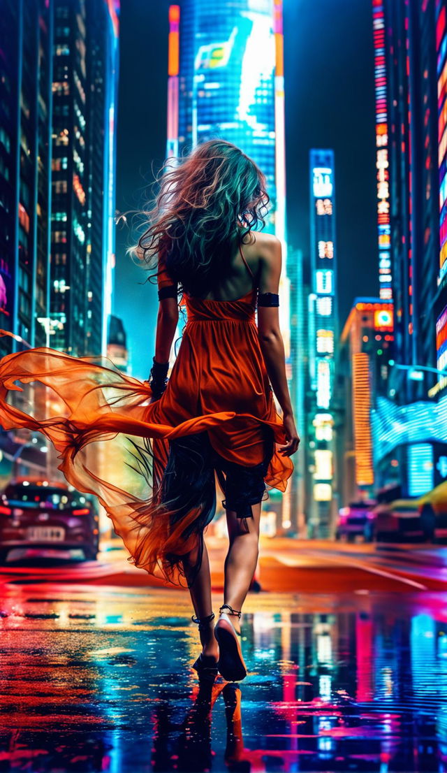 A classic beauty with hip-length long hair in a flowing orange sundress walks away into the distance amidst a bustling cyberpunk city, her simple attire contrasting with the high-tech surroundings.