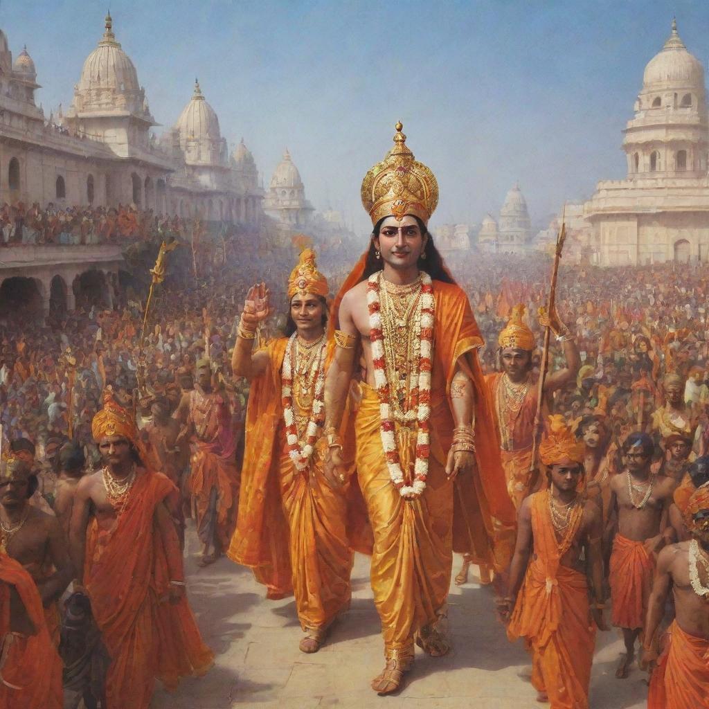 Lord Rama in royal attire entering the vibrant city of Ayodhya, accompanied by his entourage. The city is decked up, crowds cheering, and joy is palpable.