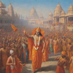 Lord Rama in royal attire entering the vibrant city of Ayodhya, accompanied by his entourage. The city is decked up, crowds cheering, and joy is palpable.