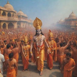 Lord Rama in royal attire entering the vibrant city of Ayodhya, accompanied by his entourage. The city is decked up, crowds cheering, and joy is palpable.