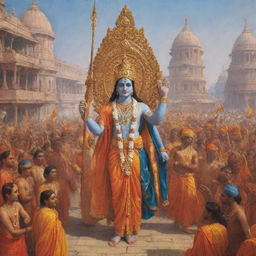 Lord Rama in royal attire entering the vibrant city of Ayodhya, accompanied by his entourage. The city is decked up, crowds cheering, and joy is palpable.