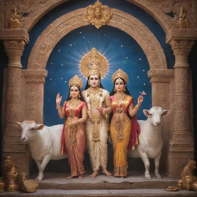 A dreamy, heavenly scene featuring God Ram with Laxman and Sita, surrounded by ethereal light and celestial motifs.