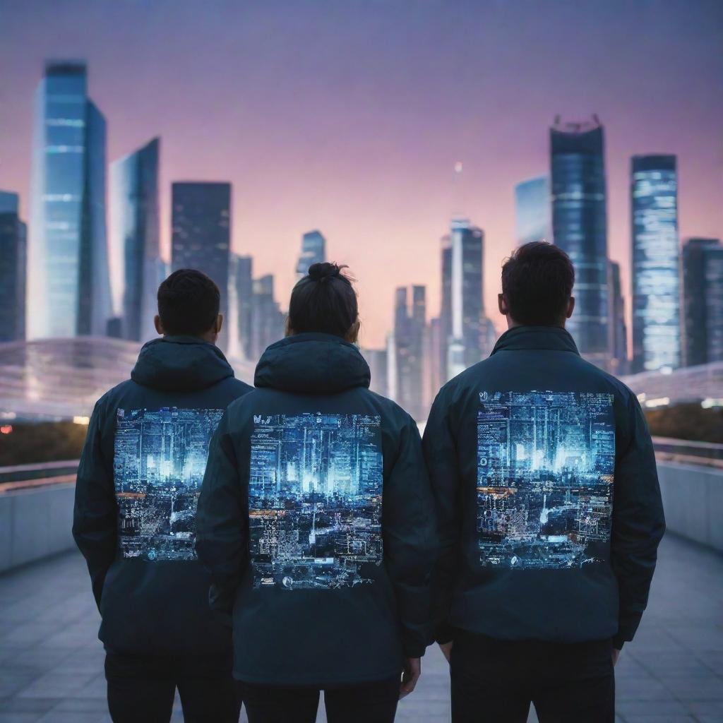 People wearing jackets with technology information designs in a futuristic cityscape during twilight