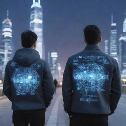 People wearing jackets with technology information designs in a futuristic cityscape during twilight