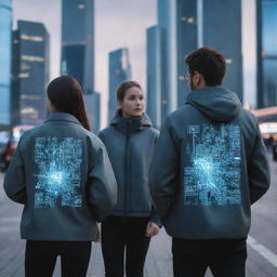 People wearing jackets with technology information designs in a futuristic cityscape during twilight