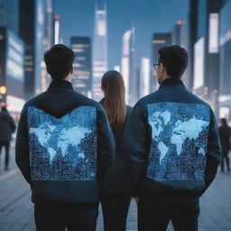 People wearing jackets with technology information designs in a futuristic cityscape during twilight