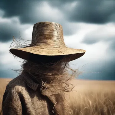 As the wind howled, a terrifying figure emerged from the darkness, its face obscured by a wisp of straw hanging from a tattered hat.
