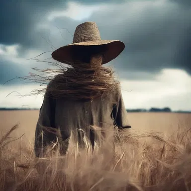As the wind howled, a terrifying figure emerged from the darkness, its face obscured by a wisp of straw hanging from a tattered hat.