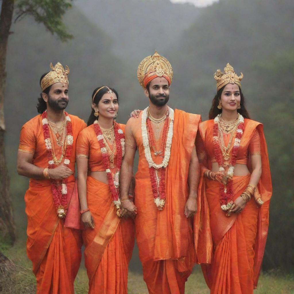 A dreamy scene featuring God Ram, his brother Laxman and his wife Sita, all dressed in vivid orange clothes, marking the moment of their exile.