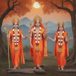 A dreamy scene featuring God Ram, his brother Laxman and his wife Sita, all dressed in vivid orange clothes, marking the moment of their exile.