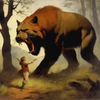 The painting depicts a gamey hunter fearlessly confronting a ferocious beast in the wild.