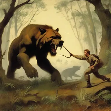 The painting depicts a gamey hunter fearlessly confronting a ferocious beast in the wild.