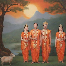 A dreamy scene featuring God Ram, his brother Laxman and his wife Sita, all dressed in vivid orange clothes, marking the moment of their exile.