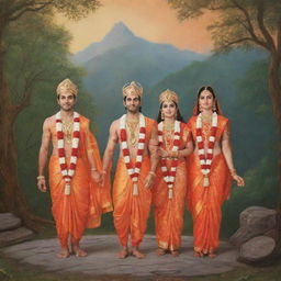 A dreamy scene featuring God Ram, his brother Laxman and his wife Sita, all dressed in vivid orange clothes, marking the moment of their exile.