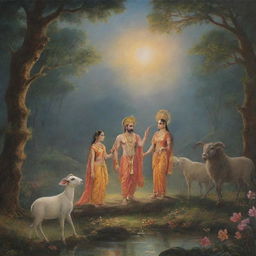 A dreamy, mystical scene that captures God Ram, his brother Laxman and wife Sita at the moment of their exile, surrounded with ethereal beauty.