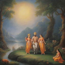 A dreamy, mystical scene that captures God Ram, his brother Laxman and wife Sita at the moment of their exile, surrounded with ethereal beauty.